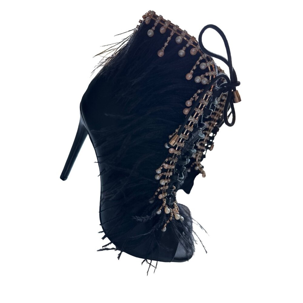 Feather Rhinestone Sexy Lace Heels Jubilee Ankle Bootie Black Peep Toe Pearl 7.5 - Picture 5 of 11